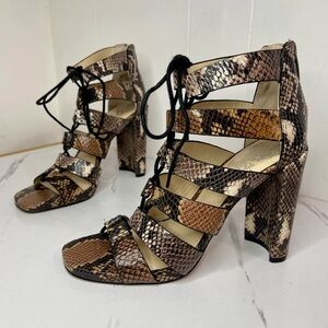 Vince Camuto Phandras Brown and black snakeskin lace-up peep toe sandals Sz 8M